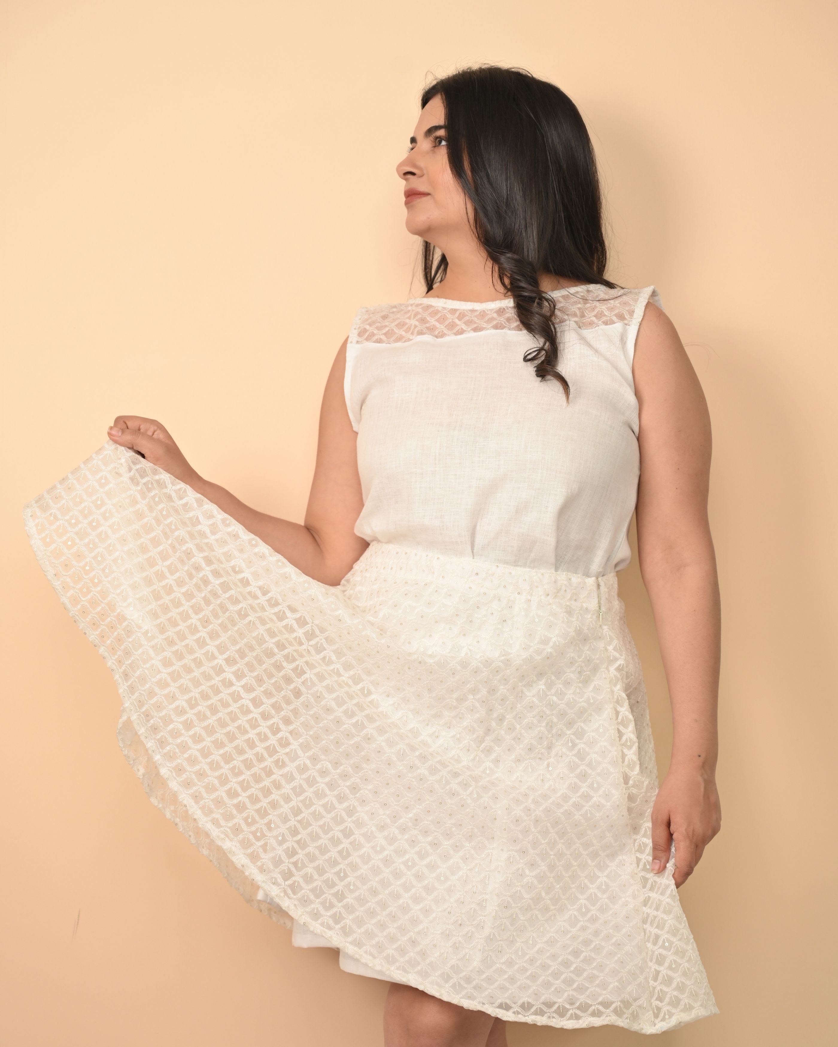 Organza Skirt With Pure Linen Lining Combined With Sleeveless Pure Organza Top