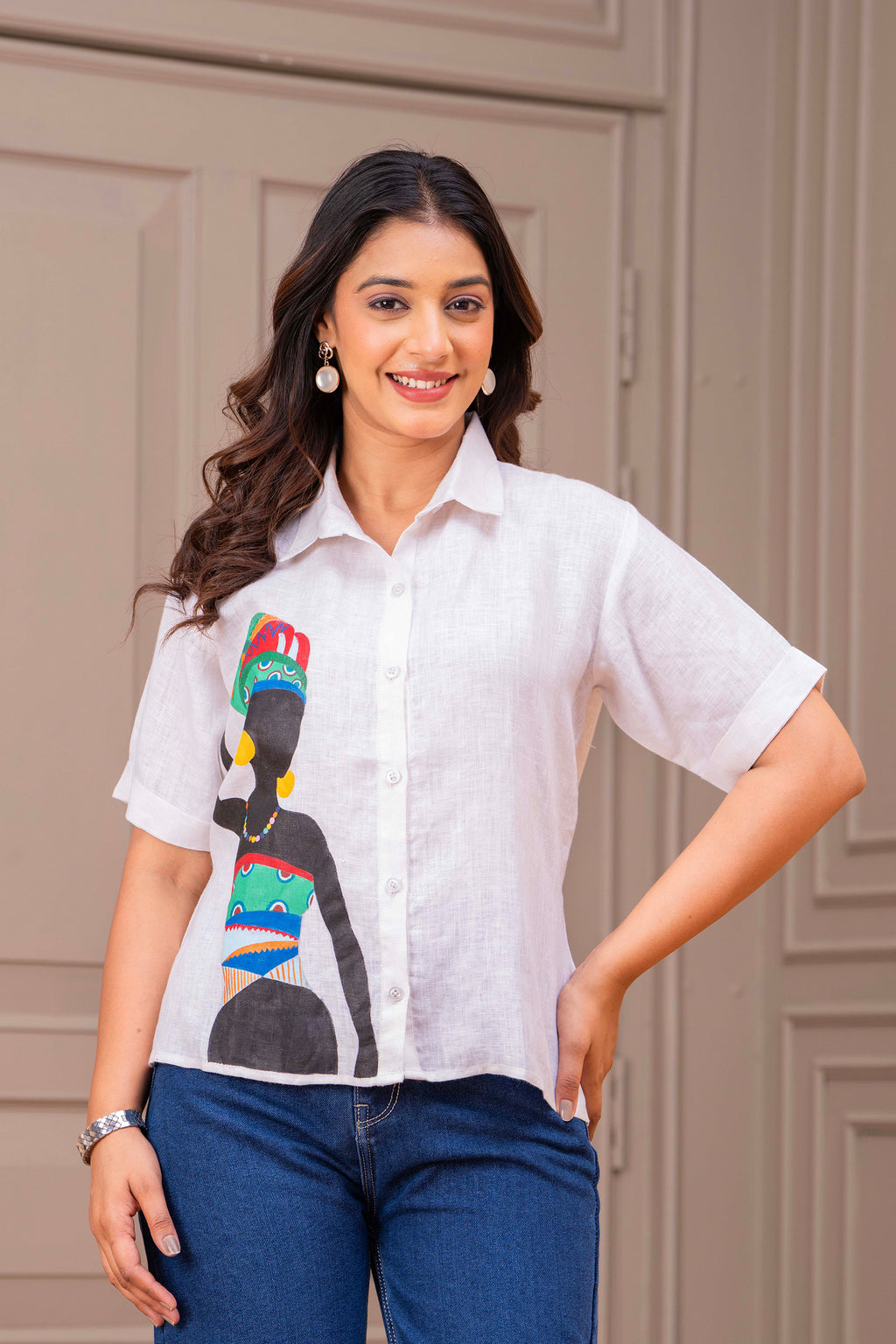 COTTON LINEN SHIRT WITH HANDPAINT