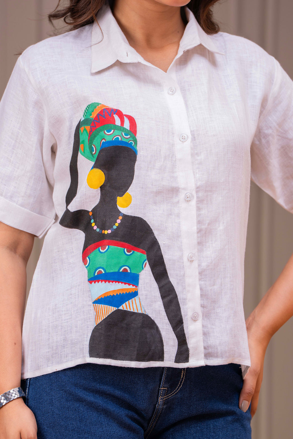 COTTON LINEN SHIRT WITH HANDPAINT