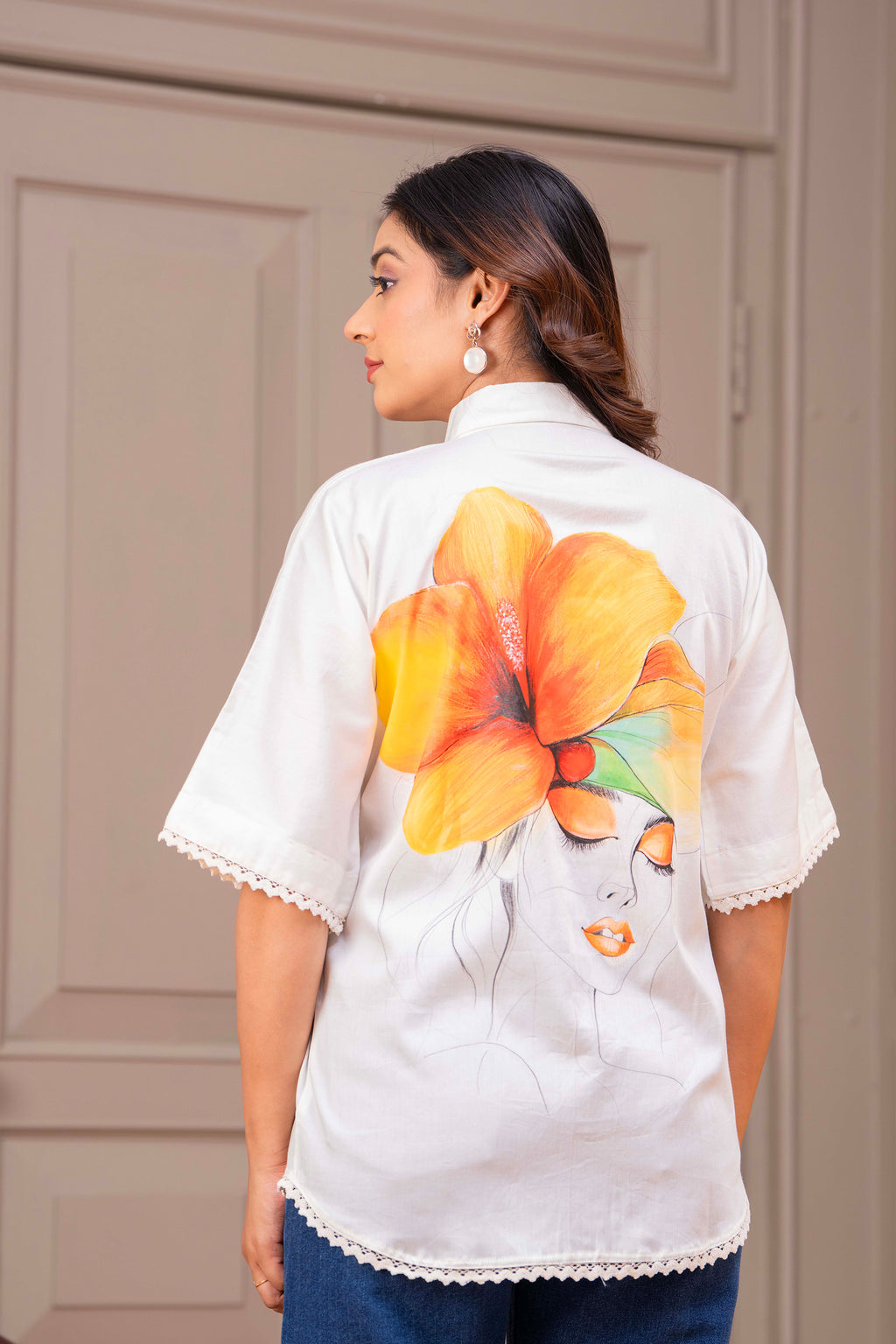 Cotton Off-White Shirt – Handpainted Back & Lace