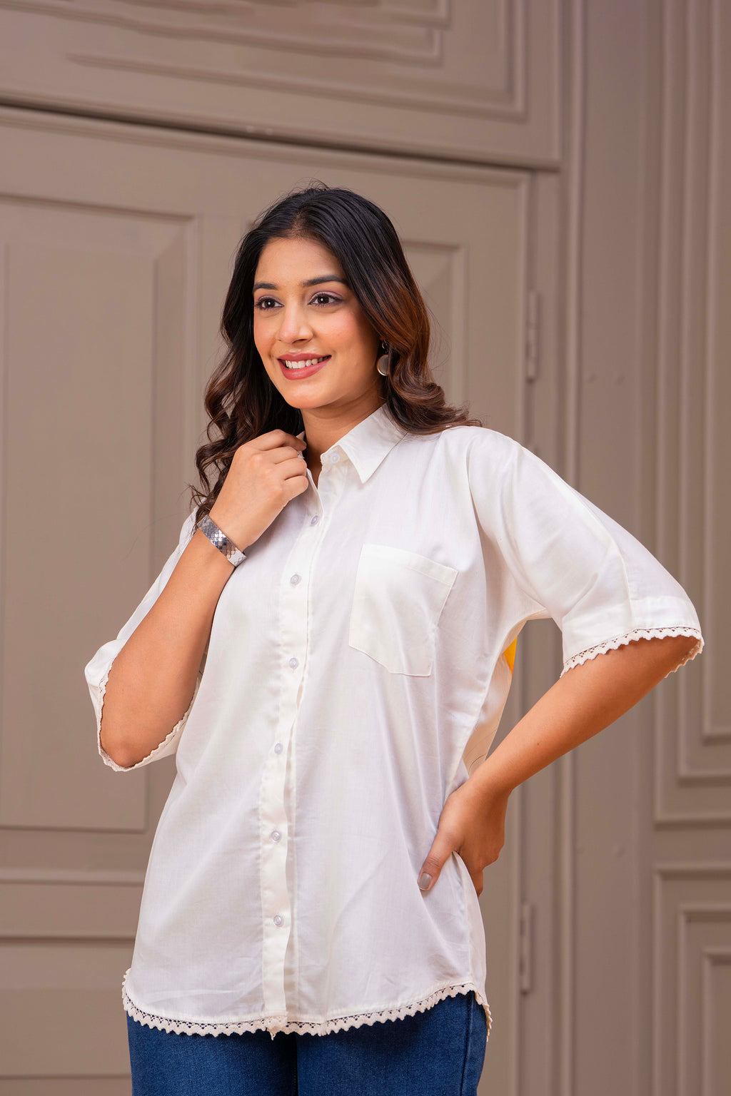 Cotton Off-White Shirt – Handpainted Back & Lace