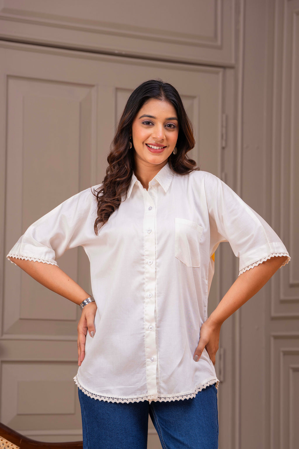 Cotton Off-White Shirt – Handpainted Back & Lace