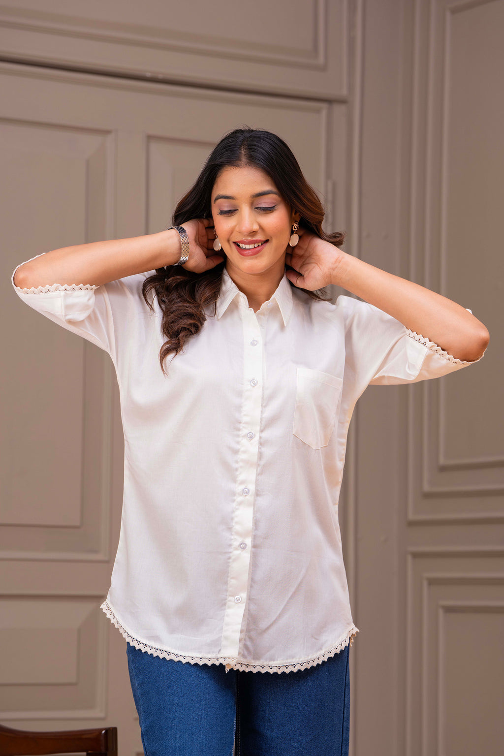 Cotton Off-White Shirt – Handpainted Back & Lace