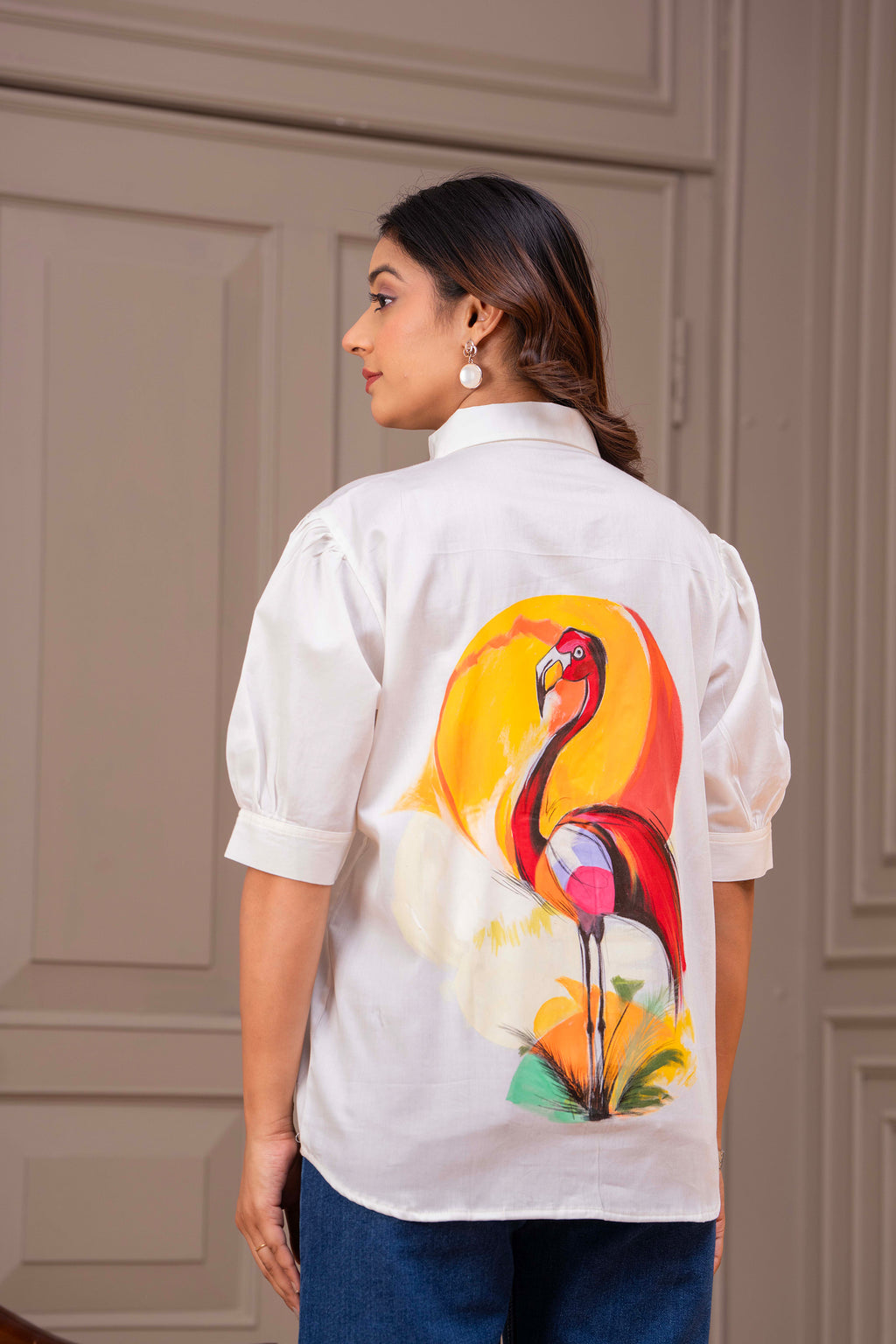 Cotton Off-White Shirt – Handpainted Flamingo & Puff Sleeves