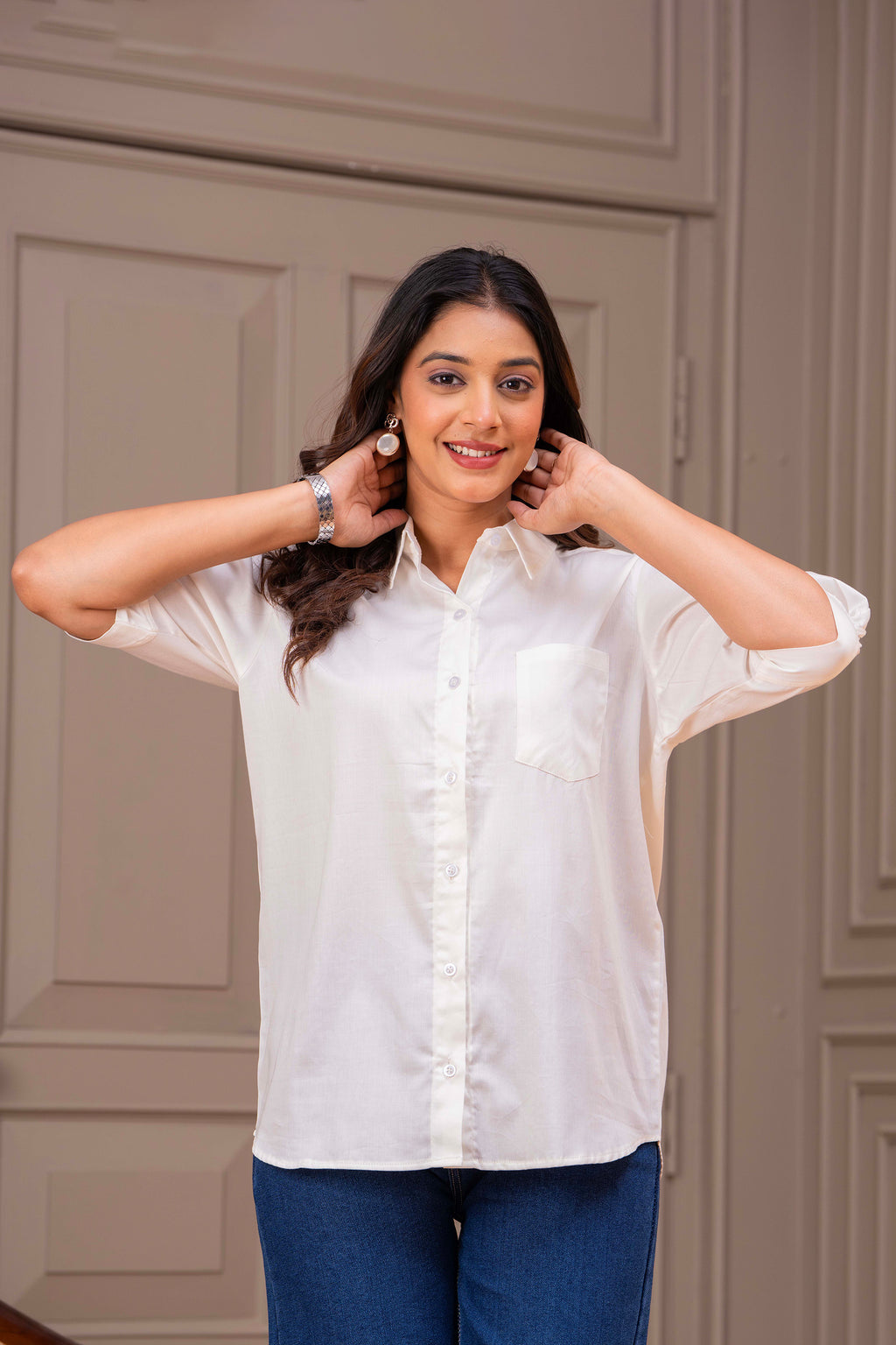 Cotton Off-White Shirt – Handpainted Flamingo & Puff Sleeves