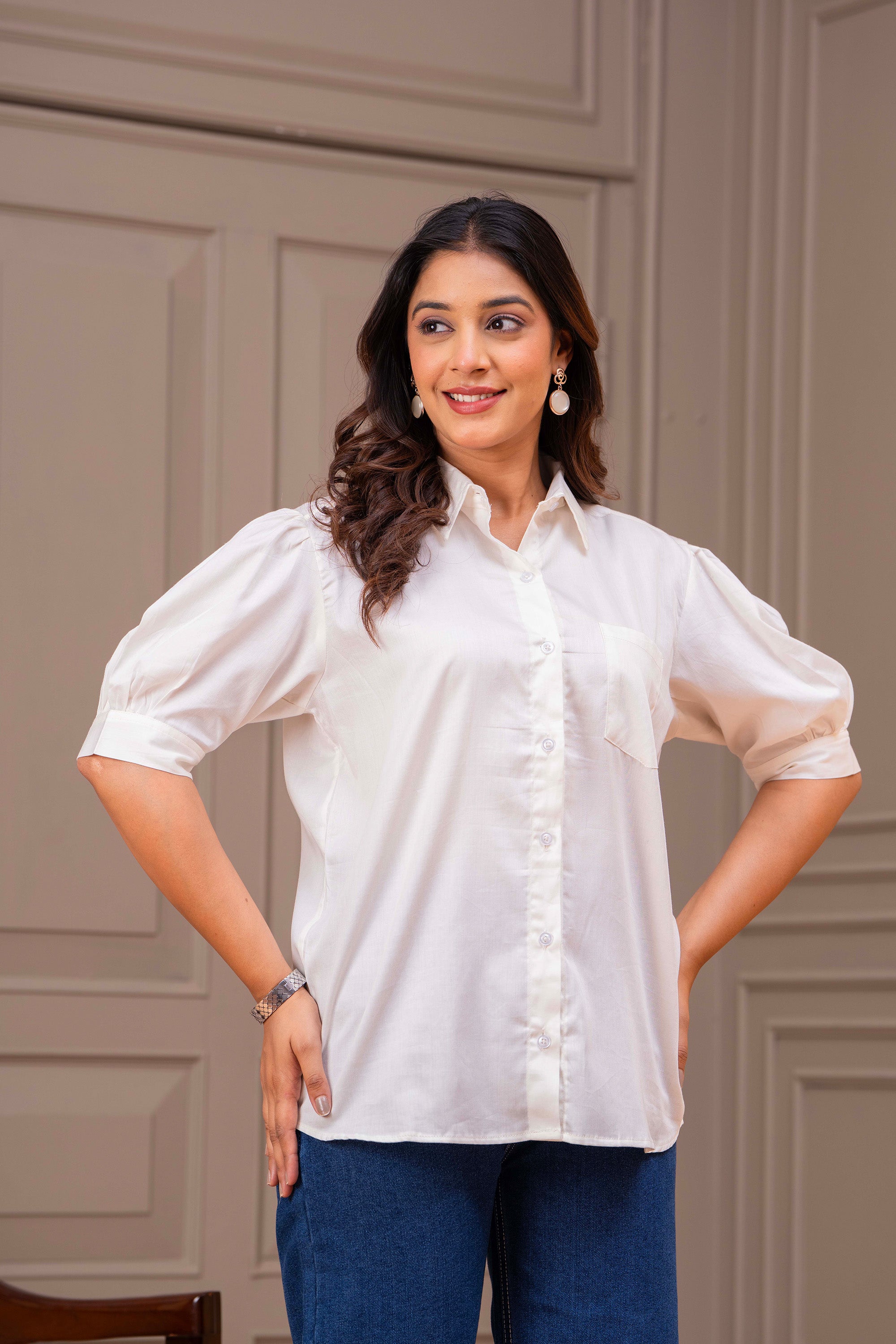Cotton Off-White Shirt – Handpainted Flamingo & Puff Sleeves