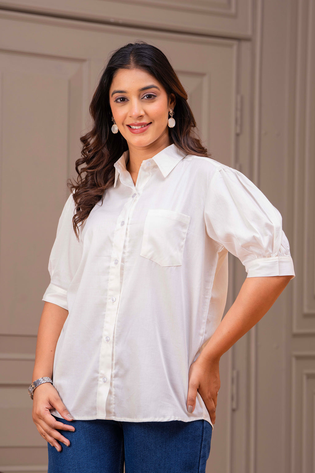 Cotton Off-White Shirt – Handpainted Flamingo & Puff Sleeves