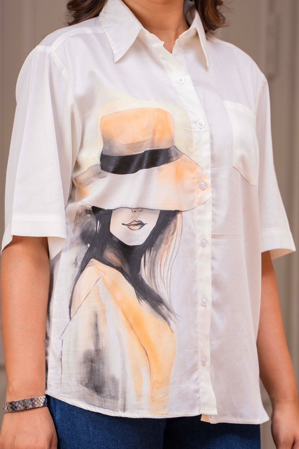 Cotton Off-White Shirt – Handpainted Girl with Hat
