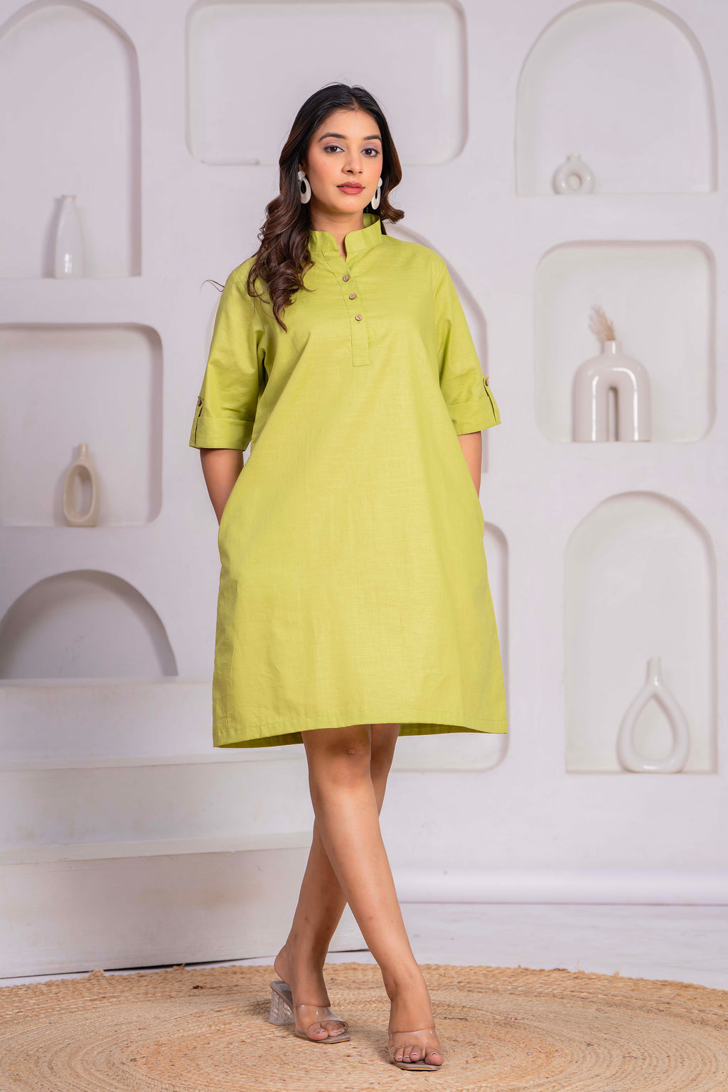 Cotton Linen Knee-Length Dress – Free Size (Fits S to XXL)