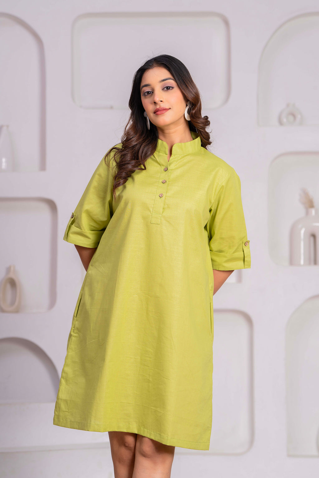Cotton Linen Knee-Length Dress – Free Size (Fits S to XXL)