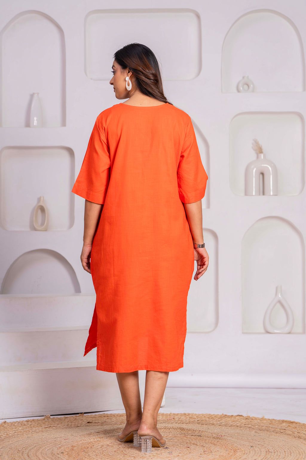 Cotton Linen Long Dress – V-Neck | Free Size (Fits S to XXL)