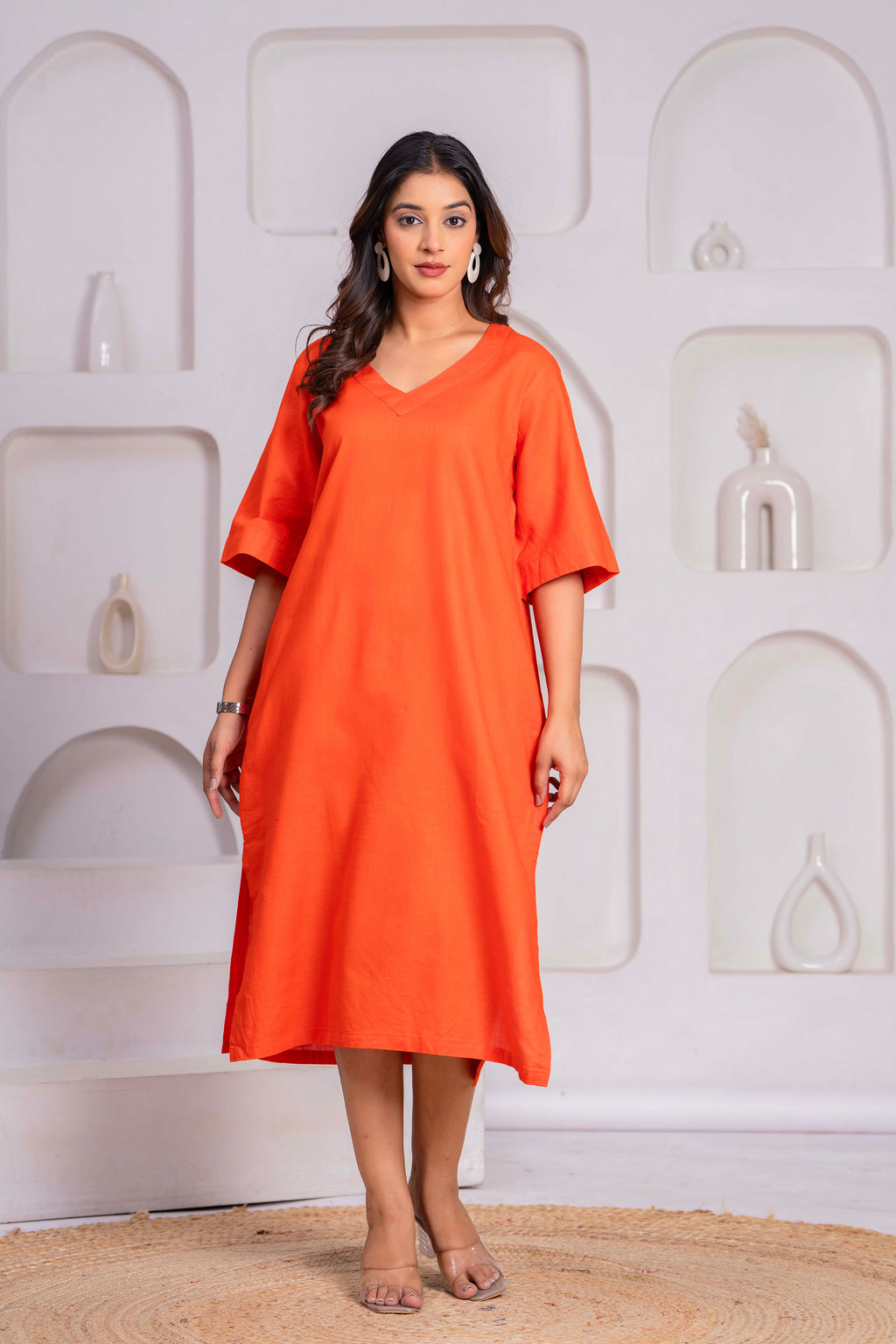 Cotton Linen Long Dress – V-Neck | Free Size (Fits S to XXL)