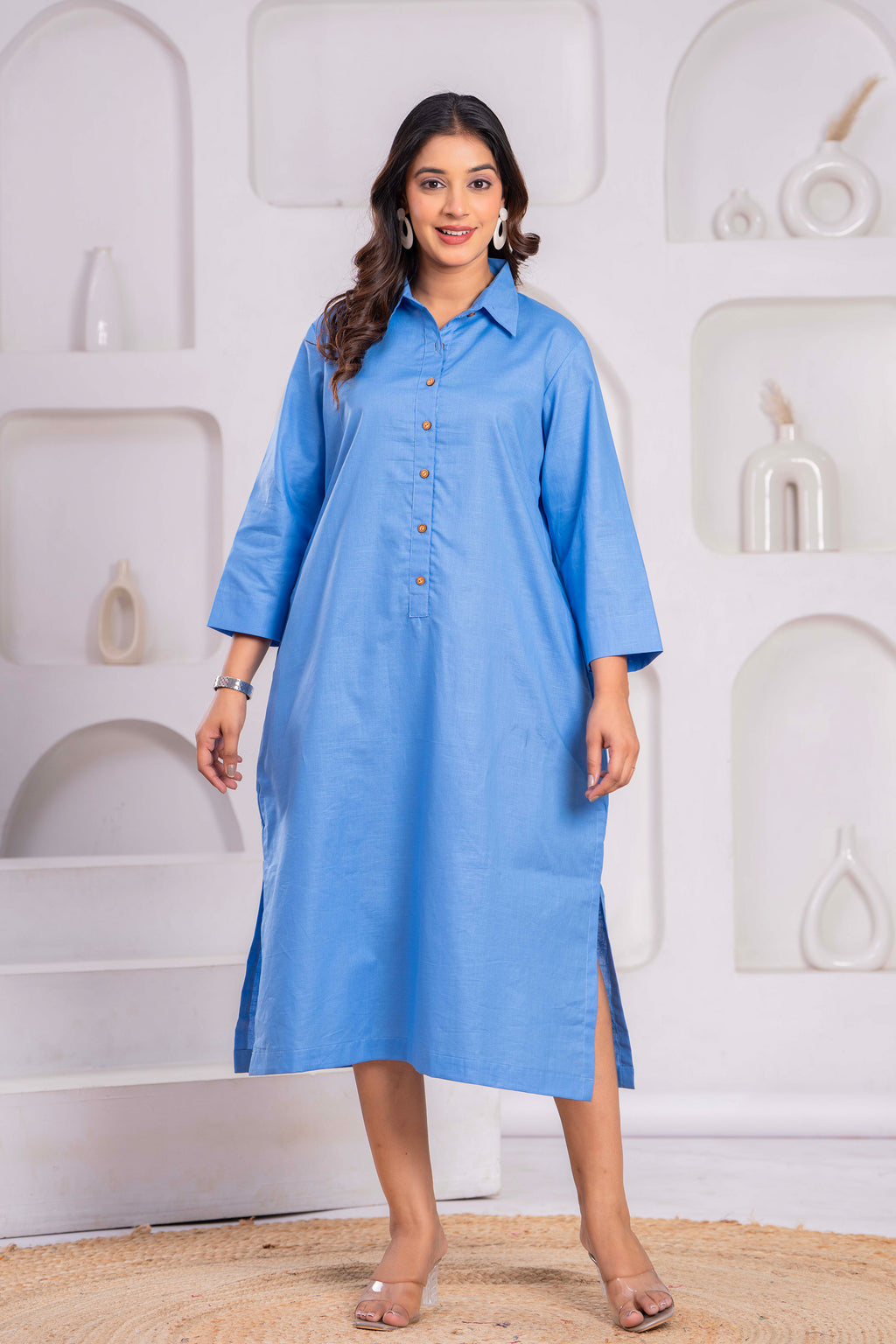 Cotton Linen Long Dress – Blue | Shirt Style | Free Size (Fits S to XXL)
