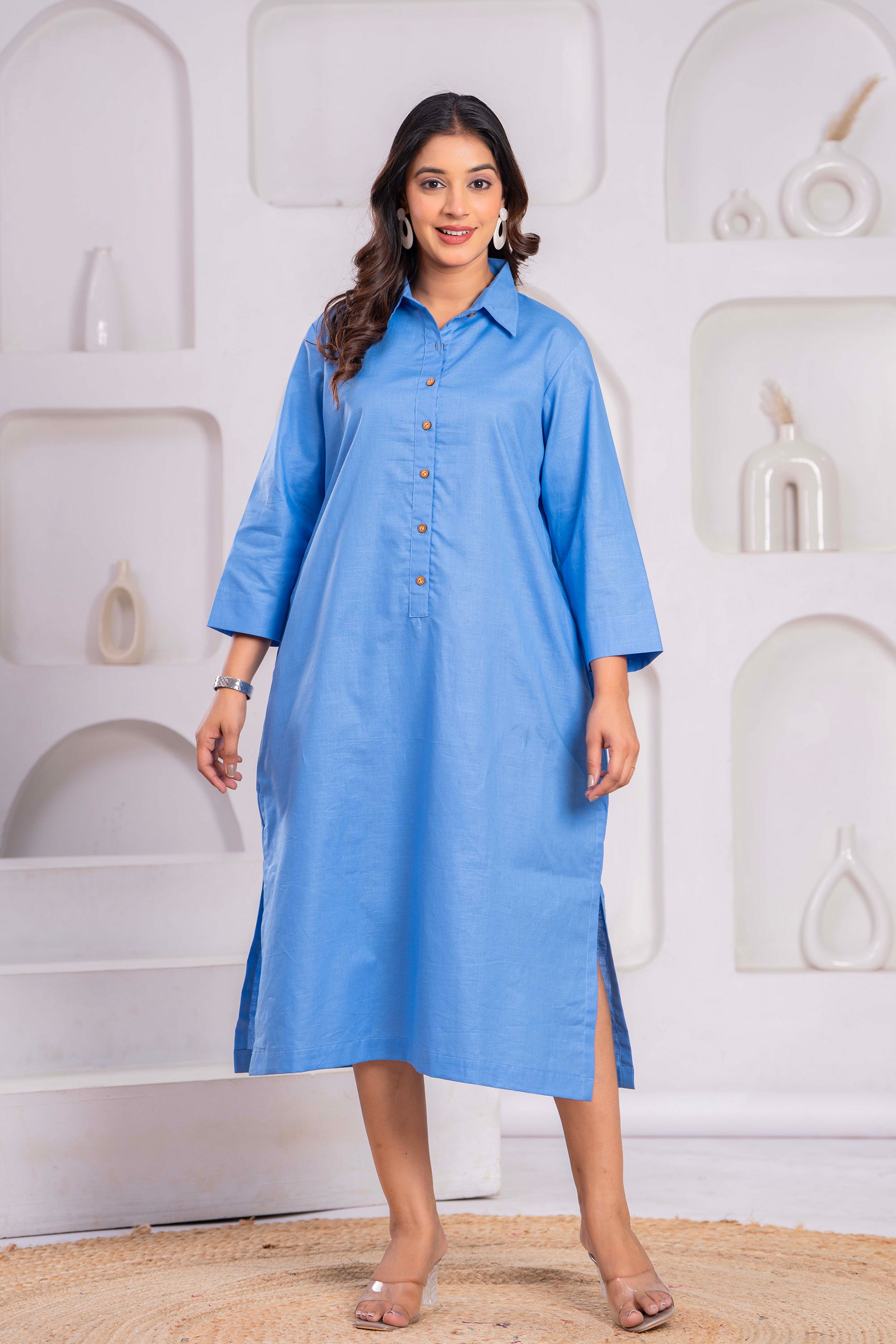 Cotton Linen Long Dress – Blue | Shirt Style | Free Size (Fits S to XXL)