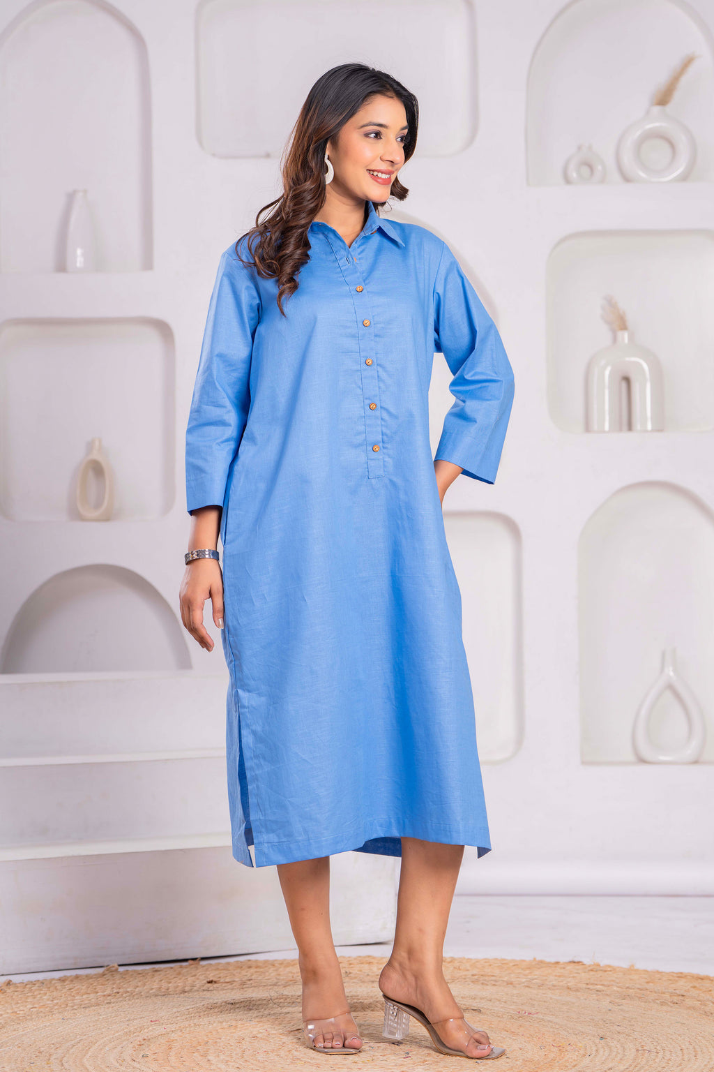 Cotton Linen Long Dress – Blue | Shirt Style | Free Size (Fits S to XXL)