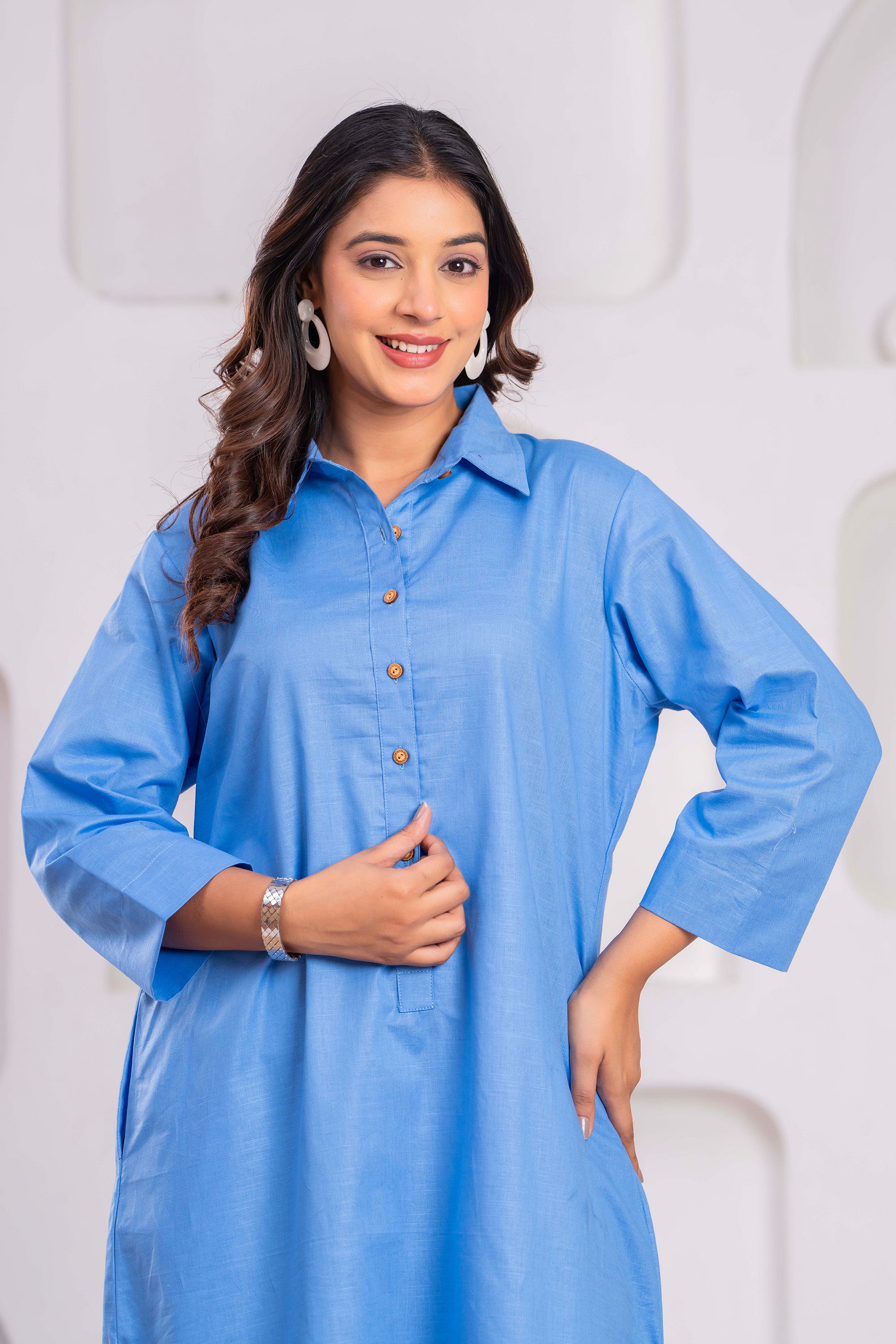 Cotton Linen Long Dress – Blue | Shirt Style | Free Size (Fits S to XXL)