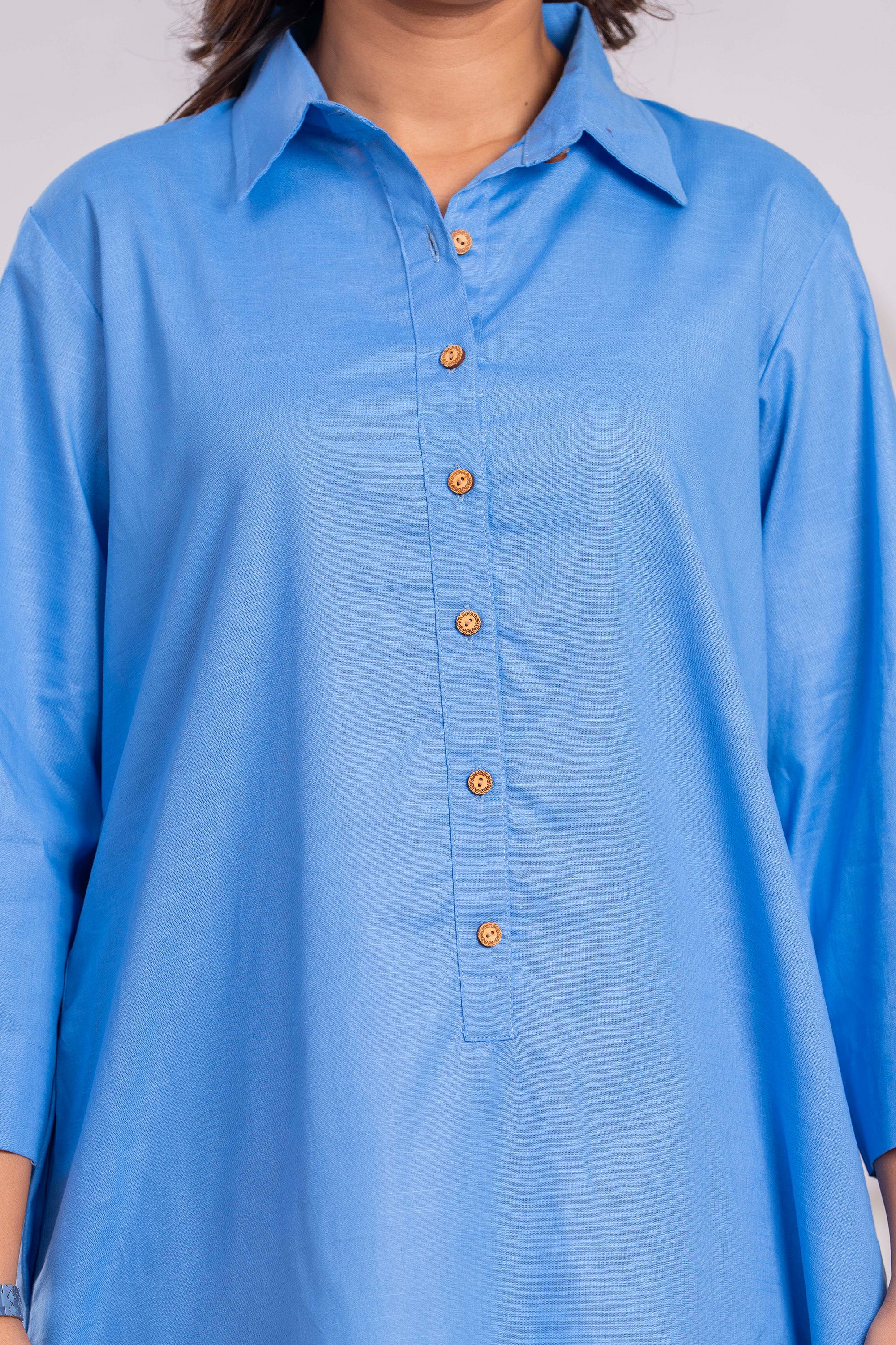 Cotton Linen Long Dress – Blue | Shirt Style | Free Size (Fits S to XXL)