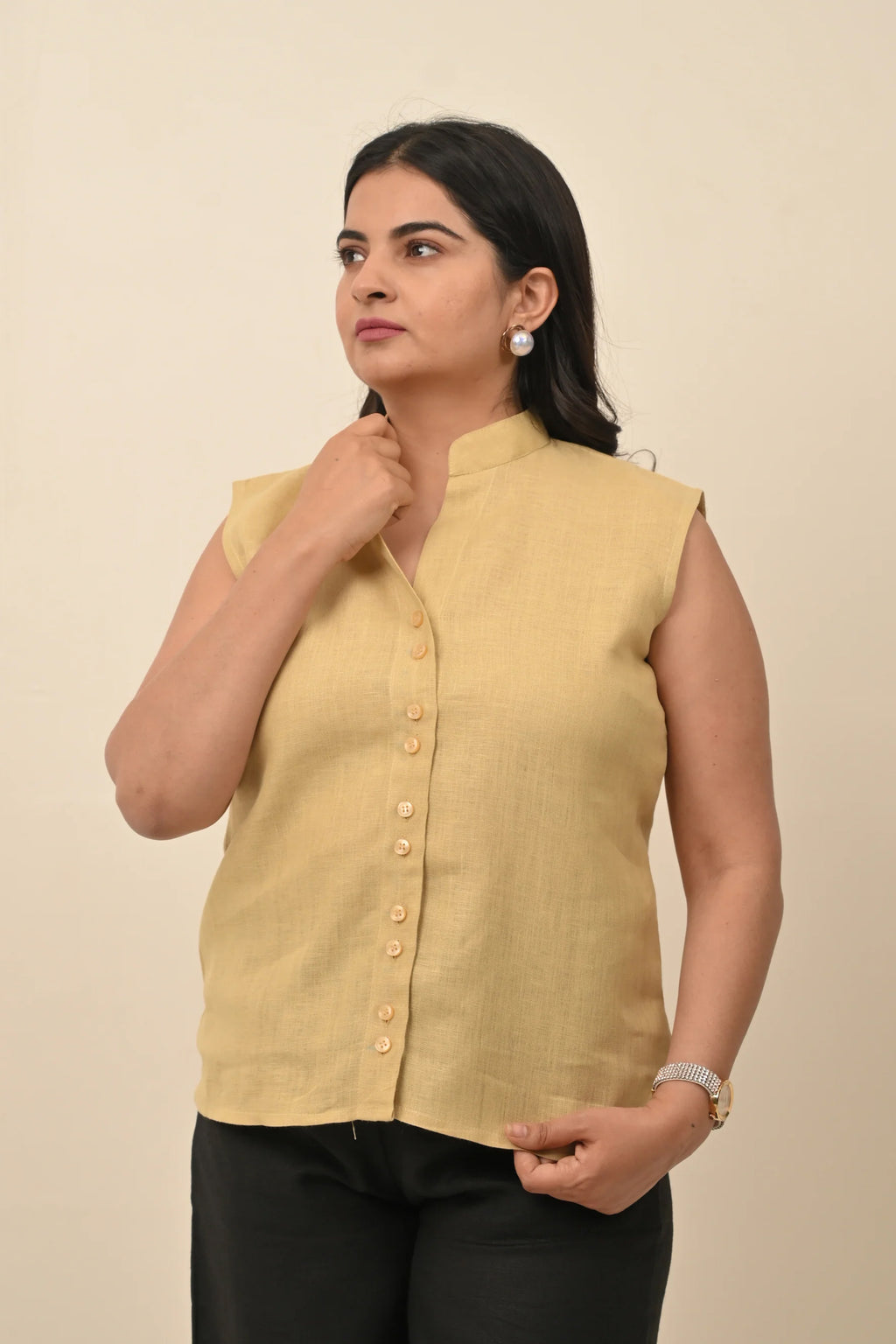 Pure Linen Band Collar Top