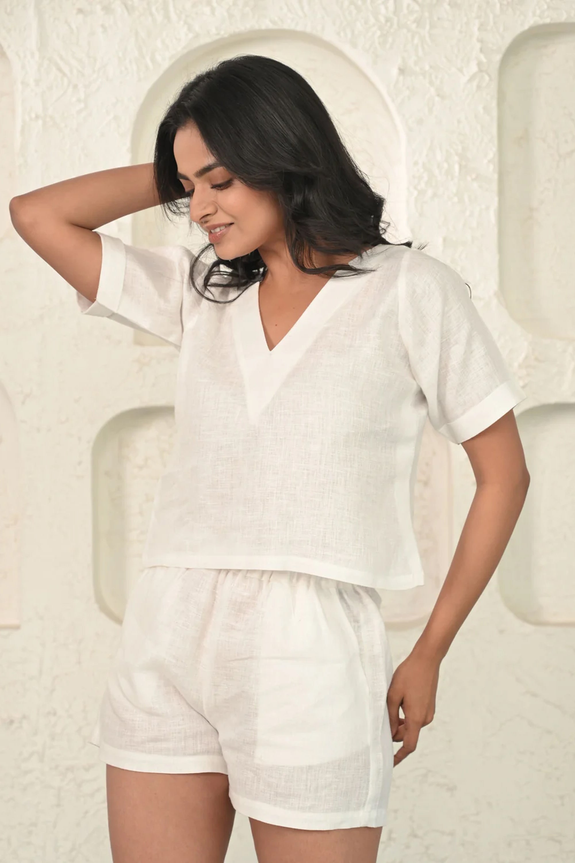 Pure Linen White Cord Set With Shorts