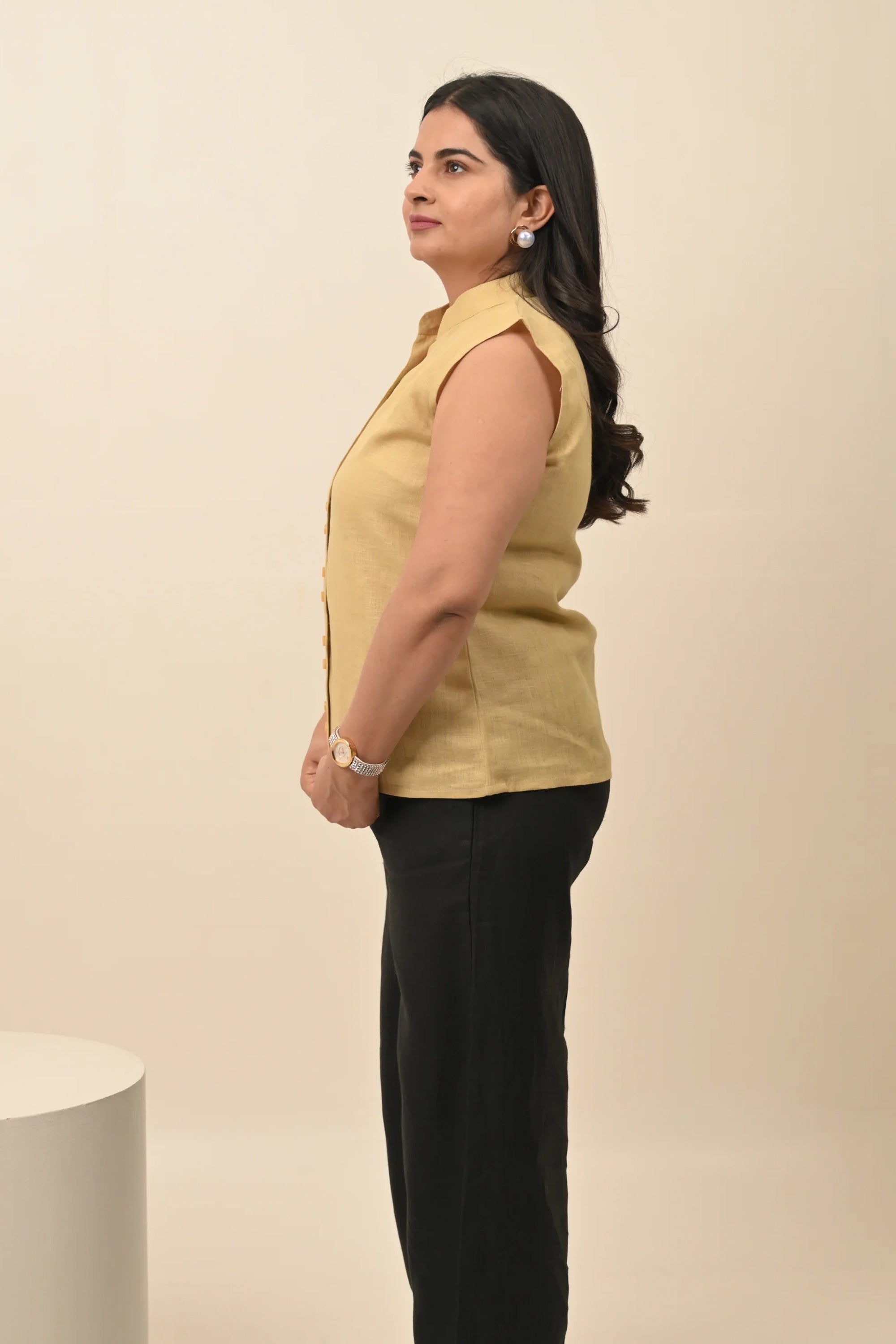 Pure Linen Band Collar Top