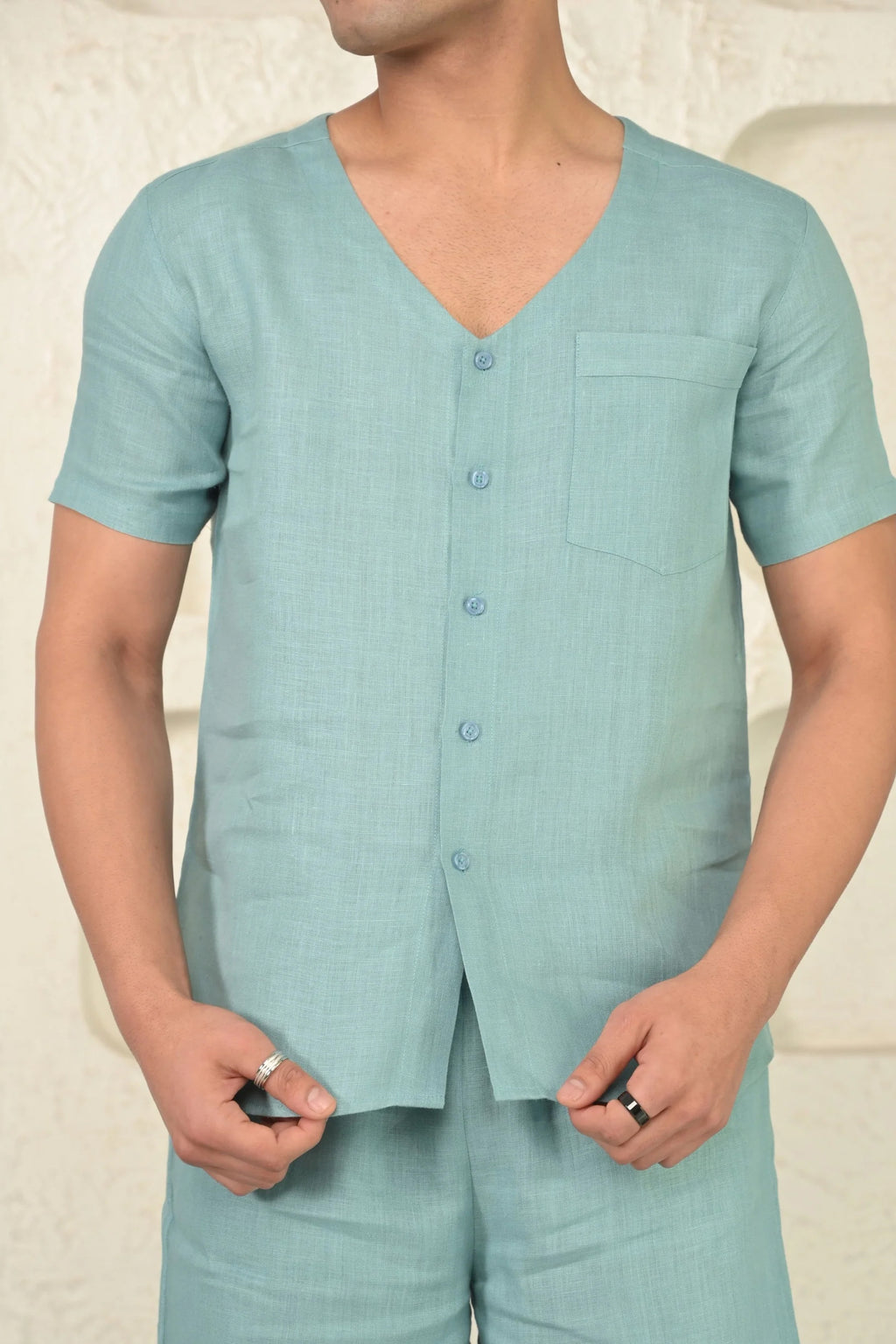 Pure Linen V Neck Casual Cord Set