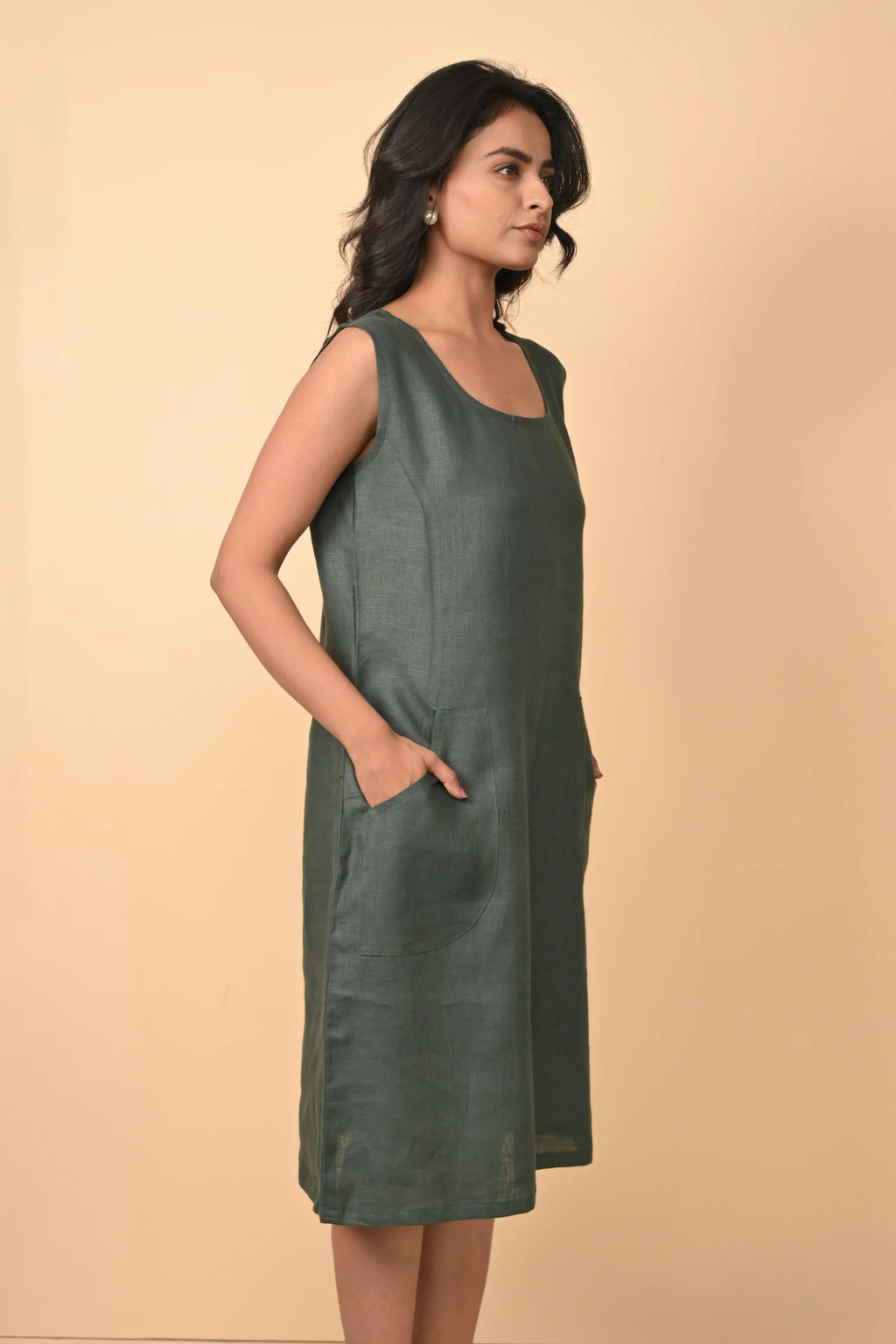 Pure Linen Front Pockets Dress