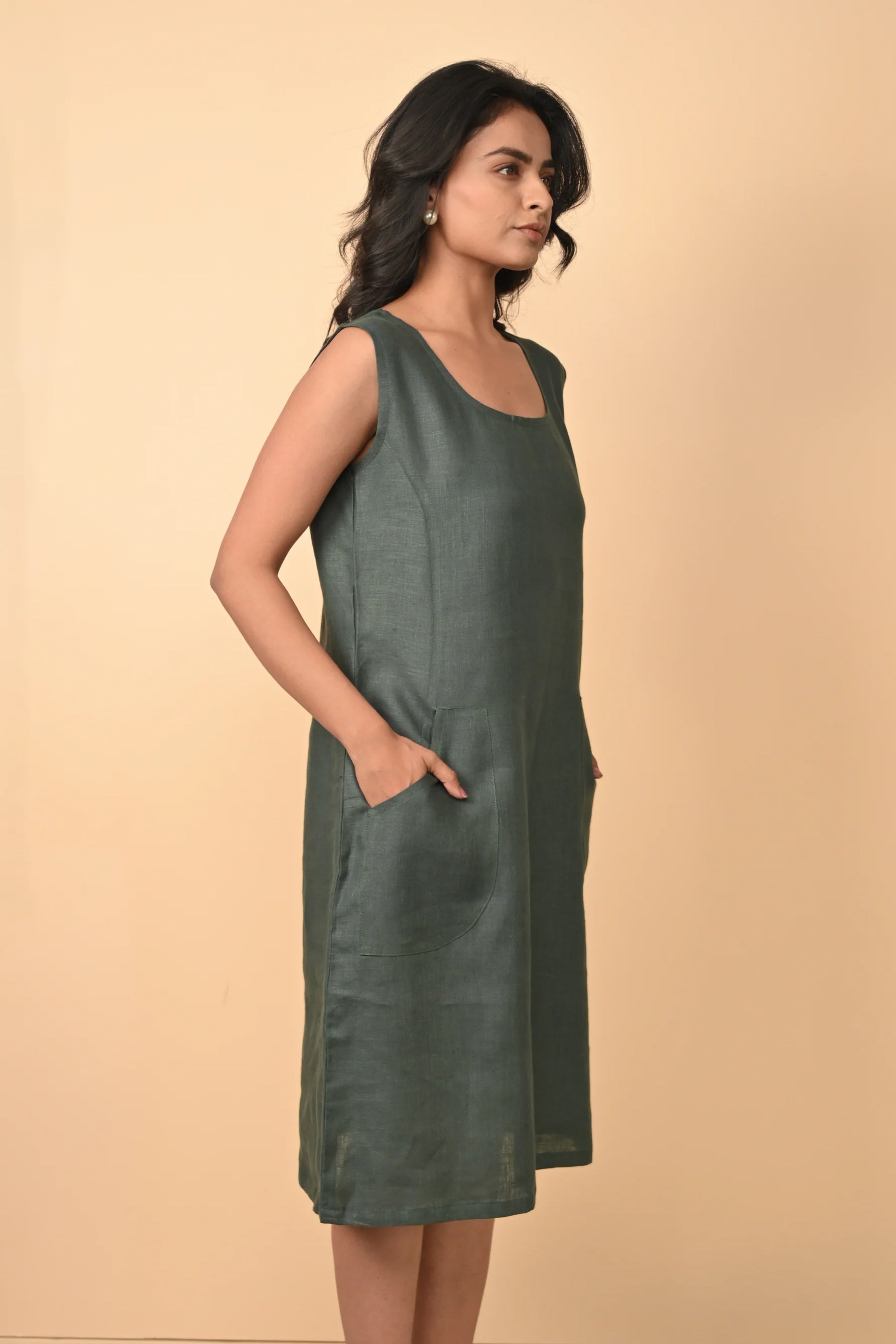 Pure Linen Front Pockets Dress