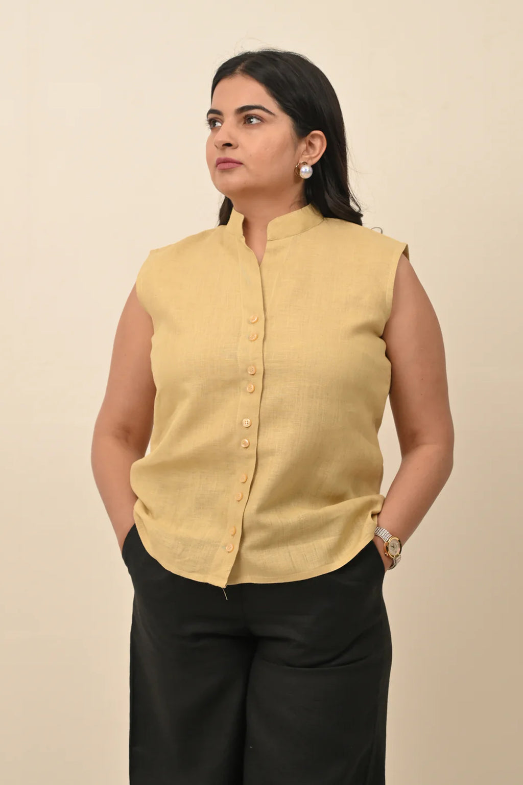 Pure Linen Band Collar Top