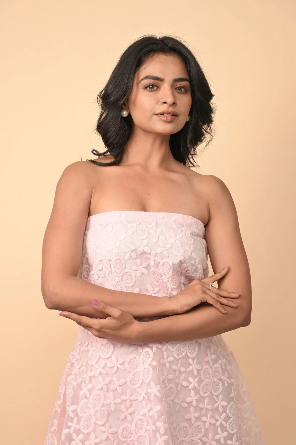 Organza Off Shoulder Dress With Pure Linen Lining