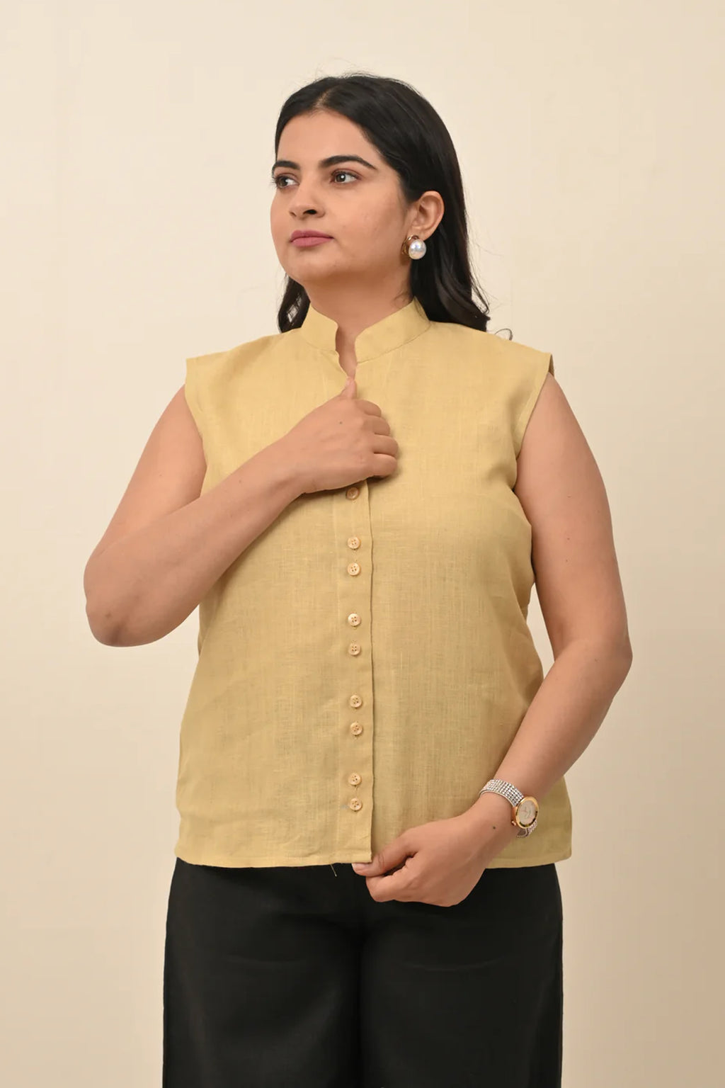 Pure Linen Band Collar Top