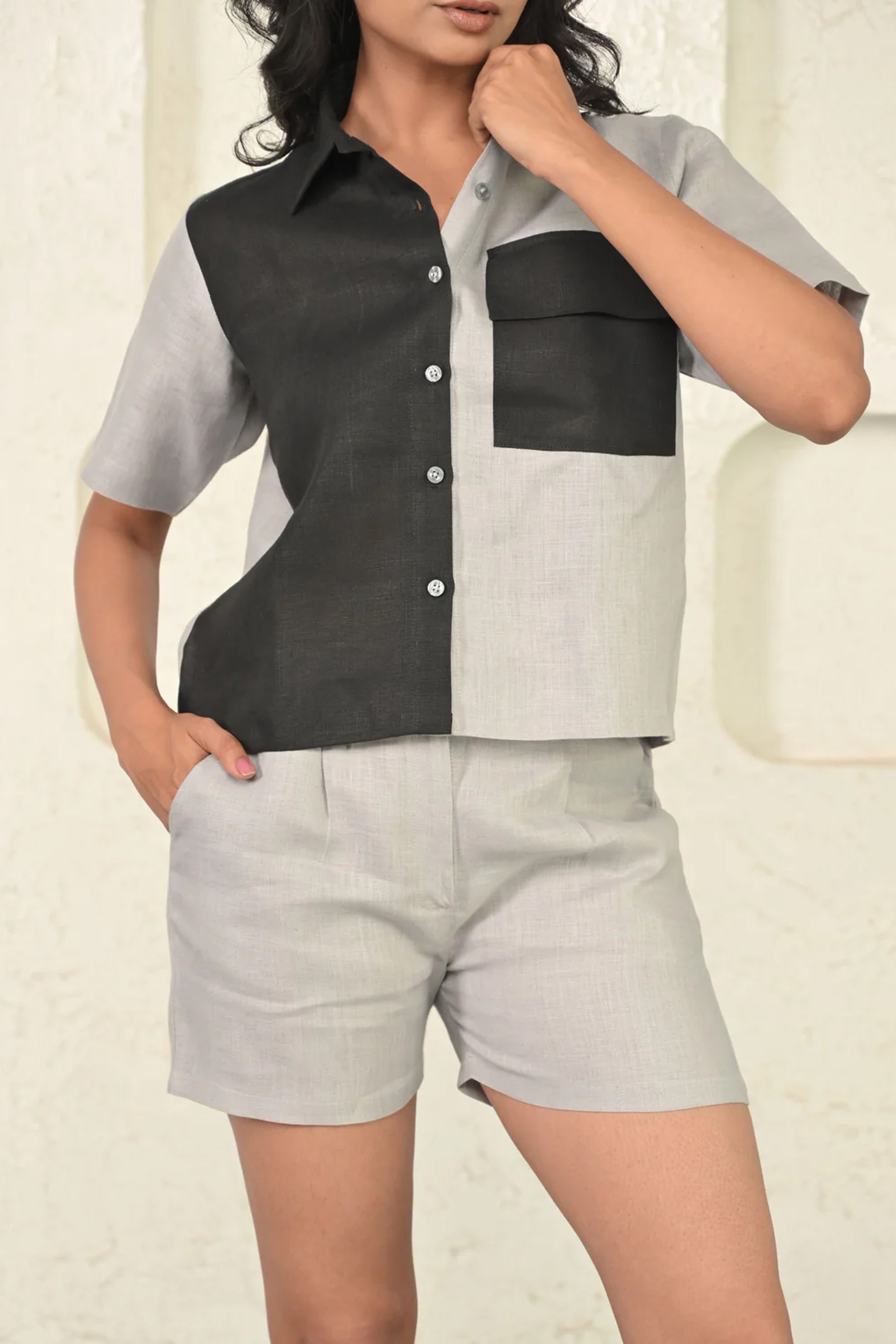 Pure Linen Grey And Black Cord Set With Shorts