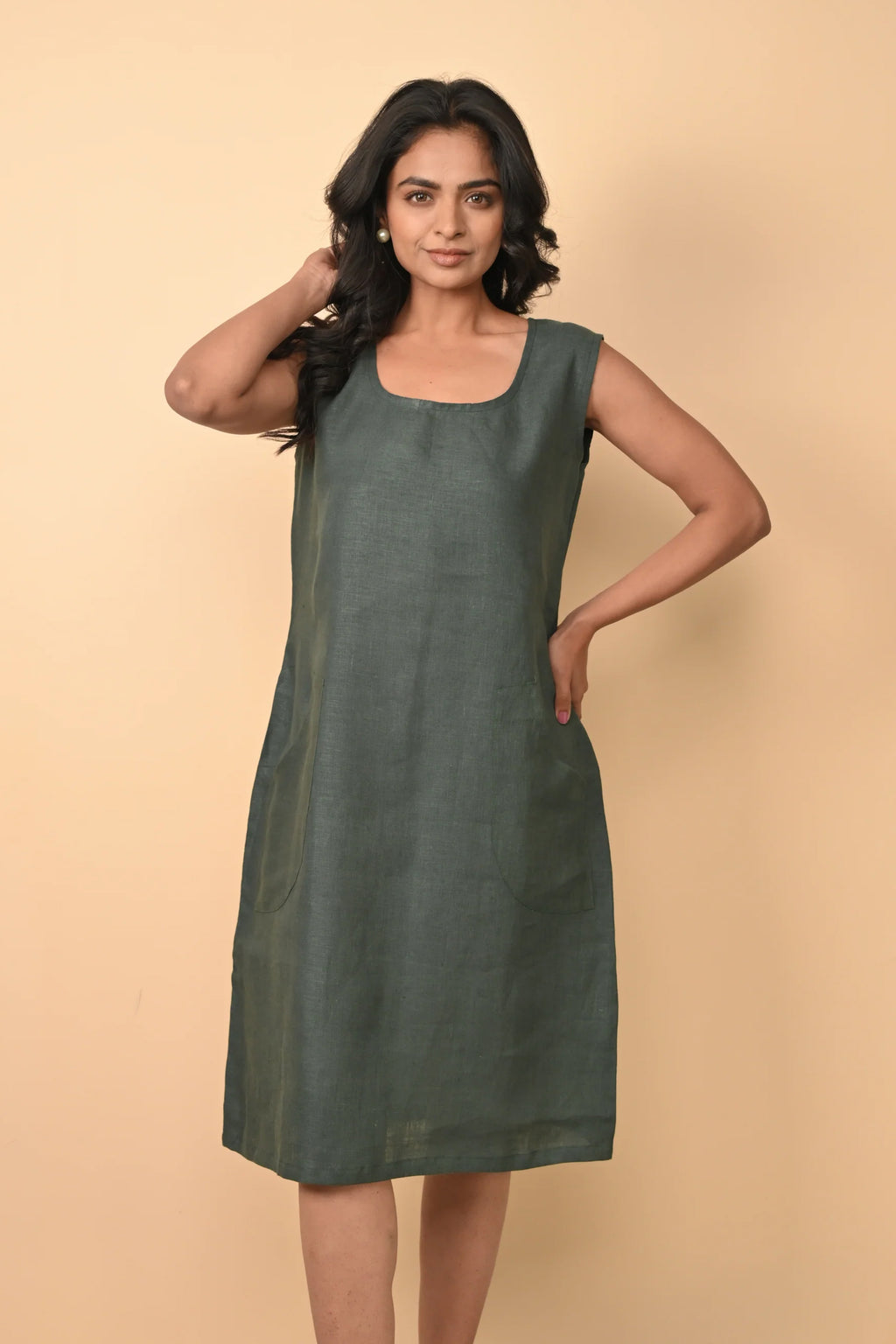 Pure Linen Front Pockets Dress