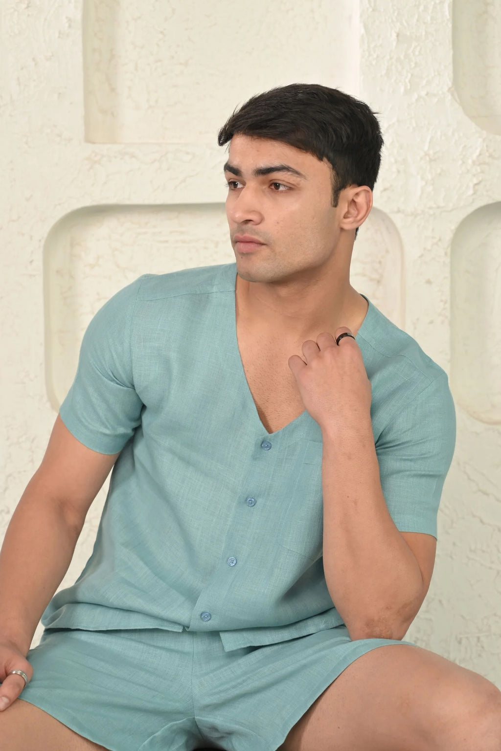 Pure Linen V Neck Casual Cord Set