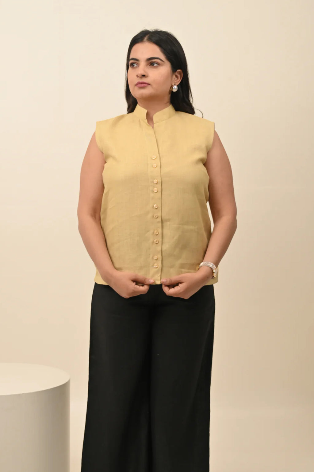 Pure Linen Band Collar Top
